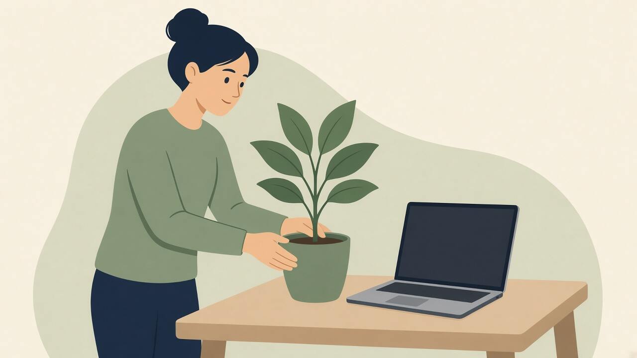 A person watering a plant beside a laptop