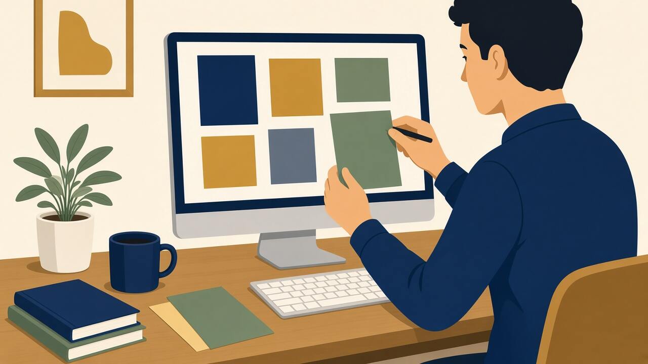 Illustration of a designer arranging a page layout
