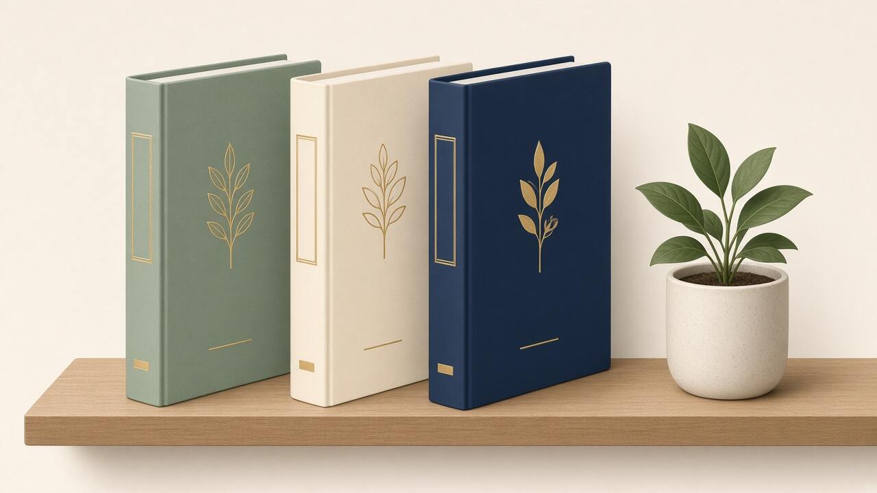 Three unlabelled folders on a shelf