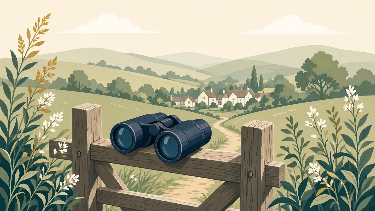 Binoculars looking toward a village and hills