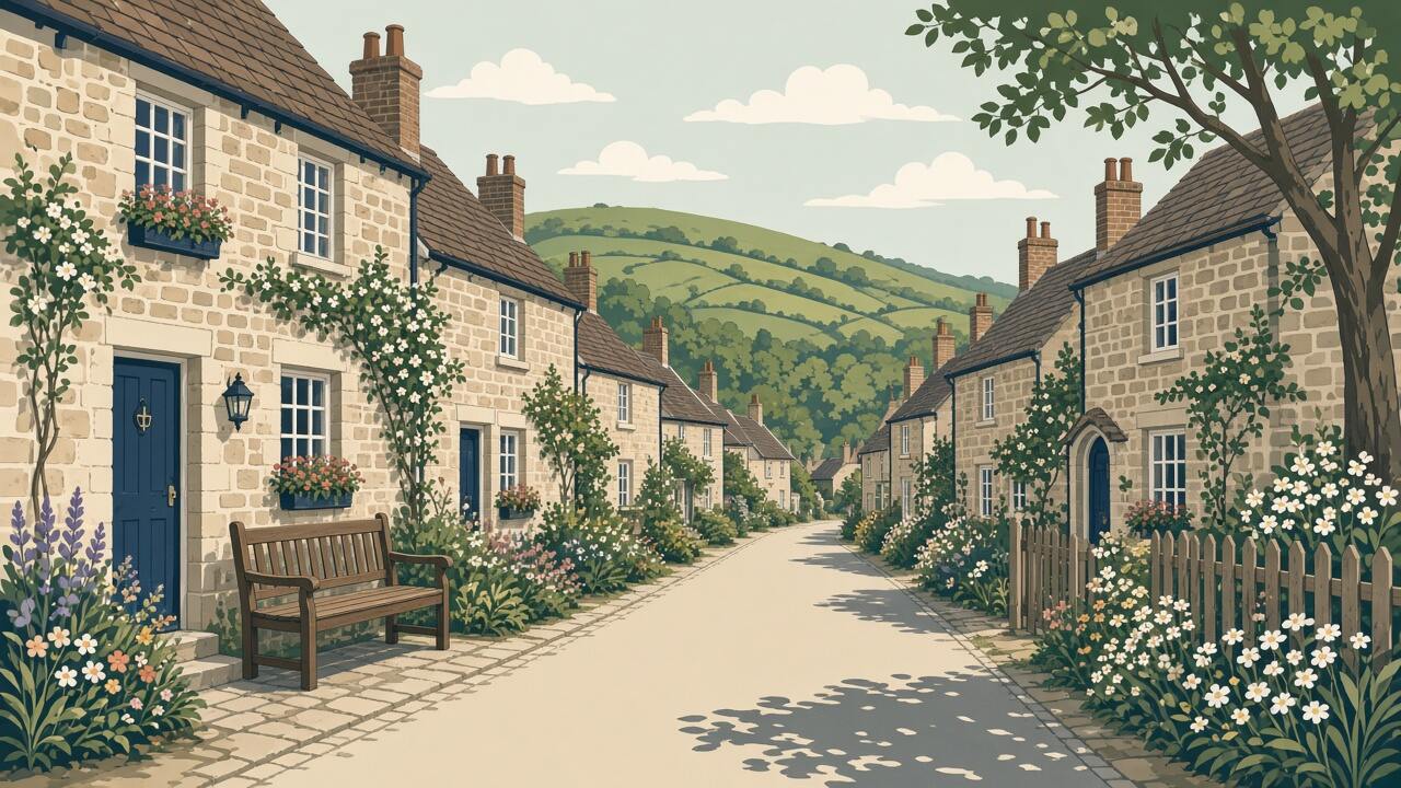 A quiet hillside lane of cottages