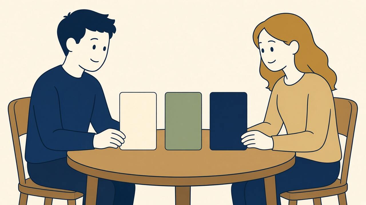 Two people comparing blank page layouts