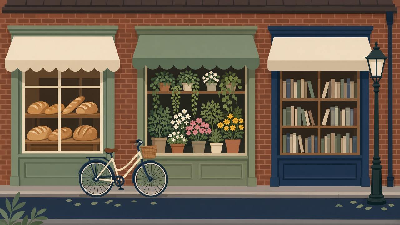 A row of village shops with a bicycle