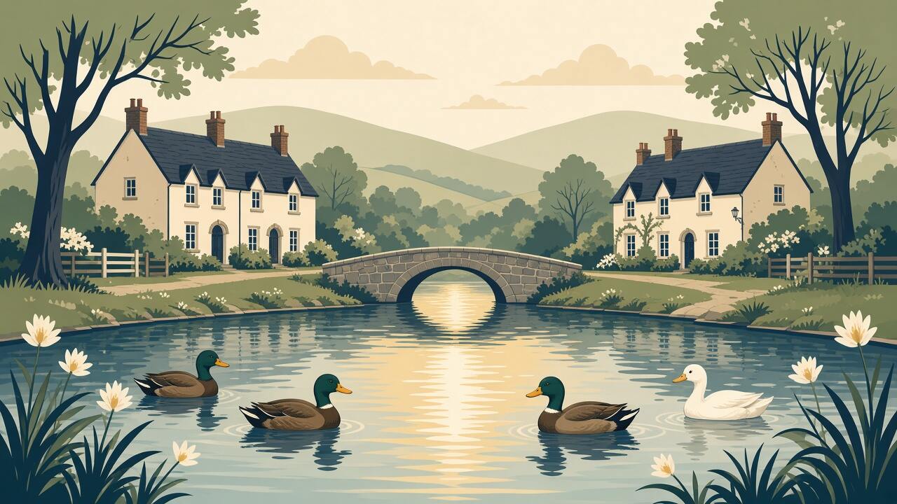 A village pond and stone bridge