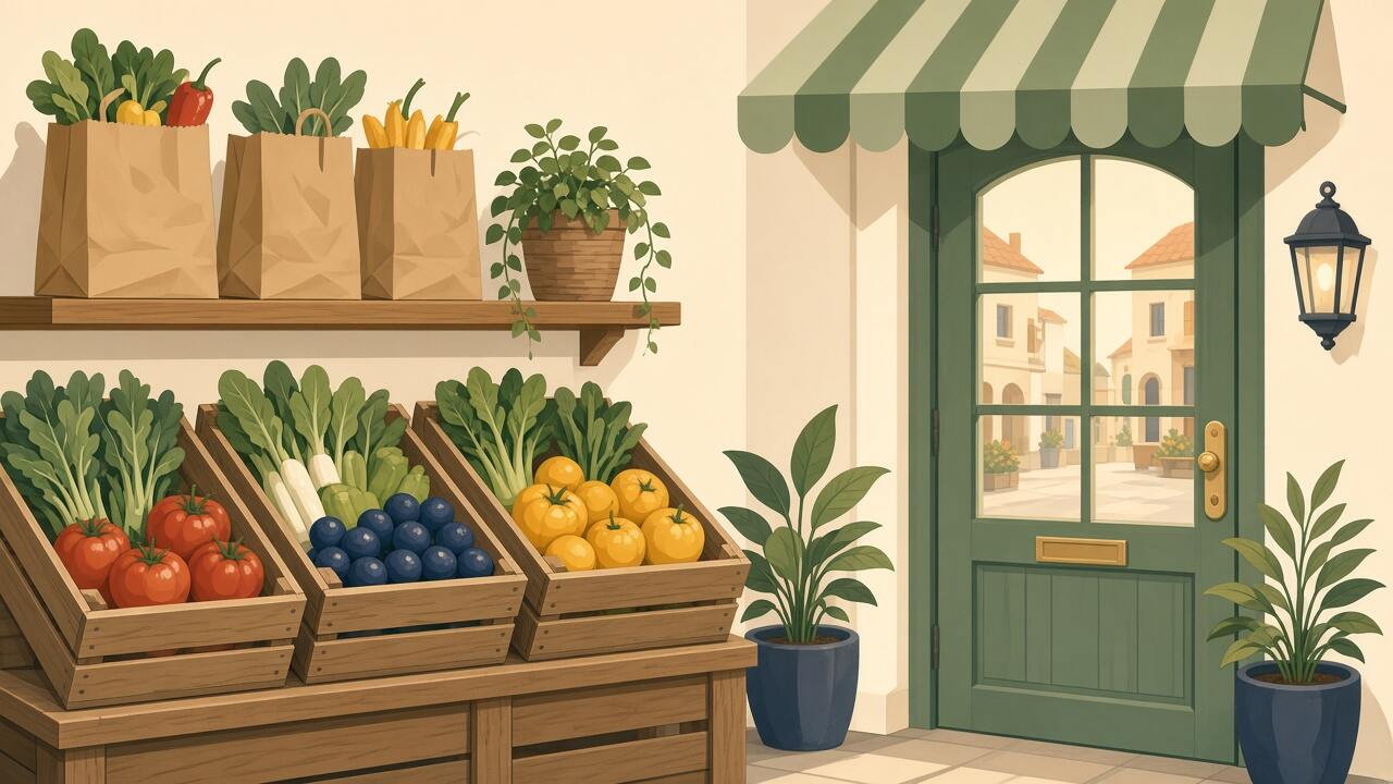 Illustration of a village shop, an example rather than a named client